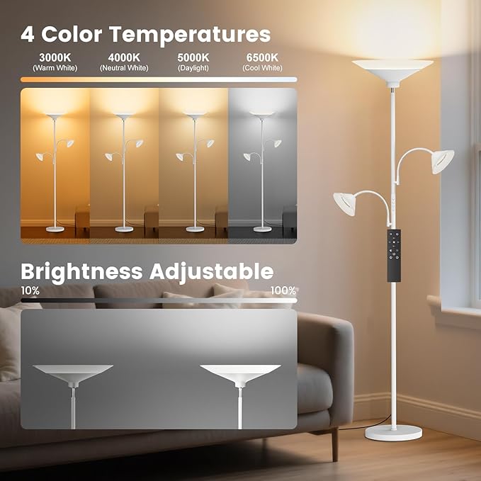 SIBRILLE 3 Way Torchiere Floor Lamp - 42W Dimmable LED Tree Standing Lamp with Remote, 2300LM, Color Changing, 72" Tall Bright Floor Lamp for Living Room Bedroom Office