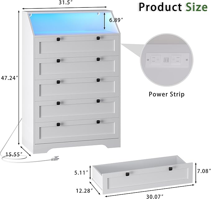 White Dresser Tall 5 Drawer Dresser for Bedroom, Wood Chest of Drawers with LED Lights, Charging Station, Metal Handles, Modern Storage Cabinet and Organizer Drawers for Living Room, Hallway