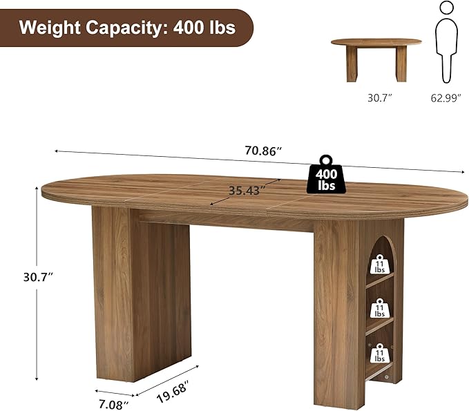70.8" Oval Dining Table with Dual Side Storage Shelves, Rustic Farmhouse Table for 4–6 People, Modern Wooden Round Dinner Table for Kitchen, Reception, or Living Room (Walnut, Table Only)