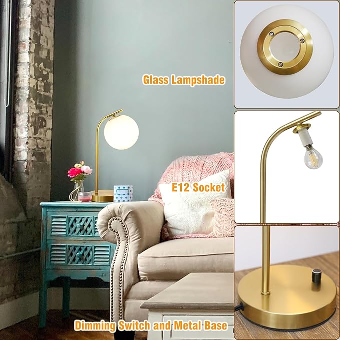 Gold Globe Dimmable Table Lamp Set of 2, Nightstand Lamps Mid Century Modern Desk Lamp with White Glass Shade for Living Room Bedroom, Study Room
