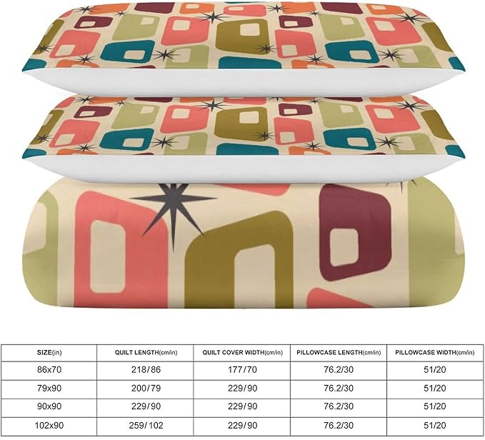 Mid Century Duvet Cover Sets Aesthetic Abstract Geometric Mid Century Retro Printed Lightweight Soft Quilt Cover Minimalist Soft Microfiber 3 Piece (1 Duvet Cover 79x90in + 2 Pillow Sham 20x30in)