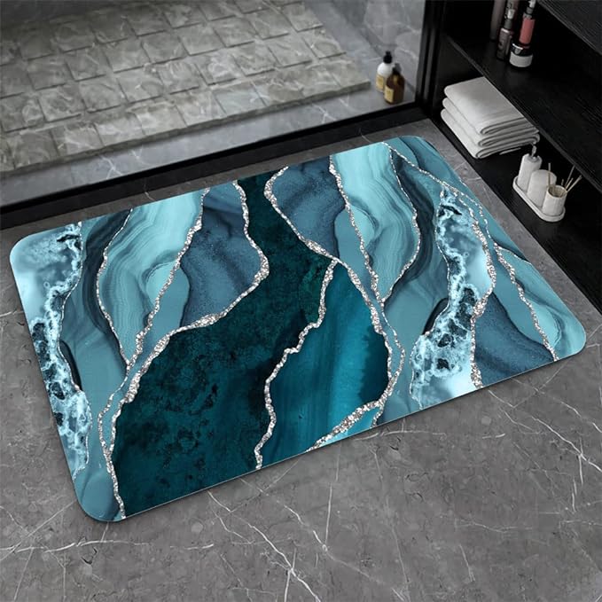 Diatomaceous Earth Bath Mat,Blue and Silver Marble Non-Slip Volume Super Absorbent Fast Drying for Bathroom Kitchen Door mat,Eco-Friendly Easy to Clean 20×31Inch(50 * 80cm)