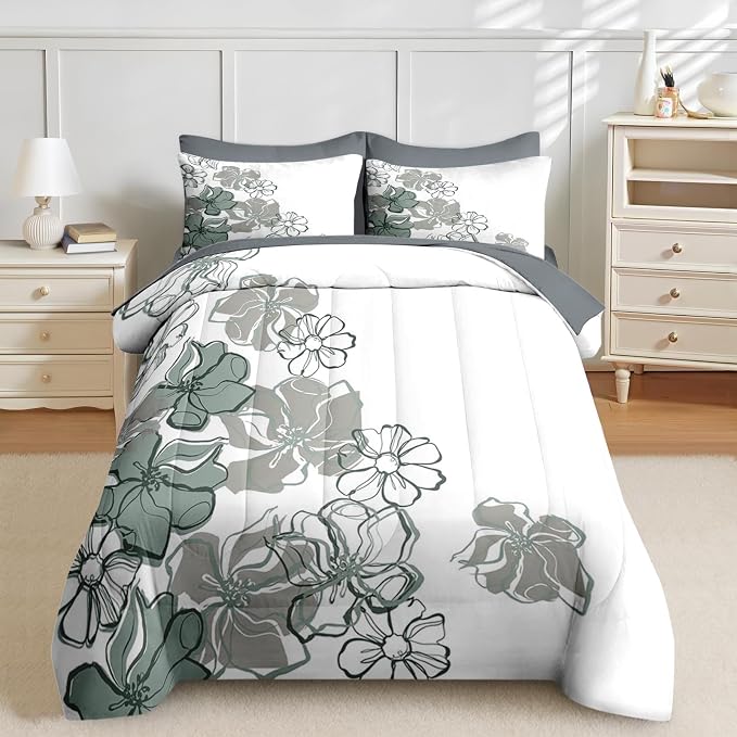 Nesker 7 Pcs Comforter Set King Size, Vintage Flowers Bedding Set for Kids and Adults, Farmhouse Floral Line Bed Sheet Sets with Fitted Sheet 2 Pillowcases & 2 Shams