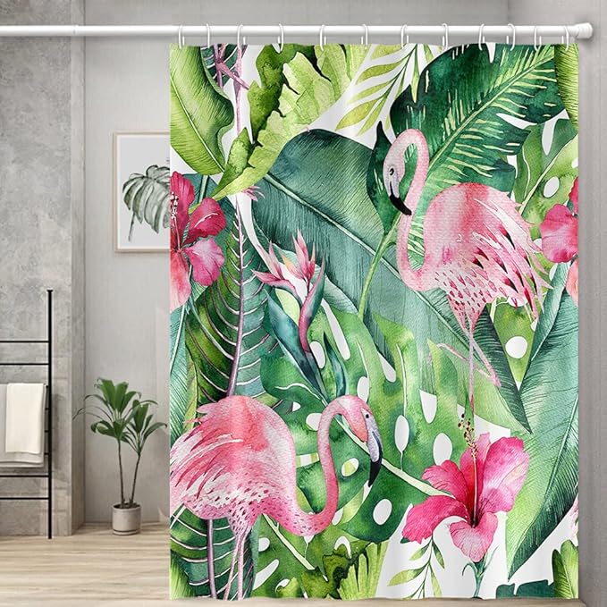 Tropical Pink Flamingo Shower Curtain with Hooks Watercolor Green Palm Leaves Shower Curtains Modern Style Waterproof Fabric for Bathroom Decor Set 72 x 78 Inch
