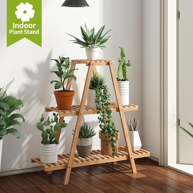 BMOSU Plant Stand Bamboo for Indoor Outdoor Tiered Plant Shelf 8 Potted Flower Holder Ladder Rack Garden Balcony Living Room Patio(3 Tier Natural)