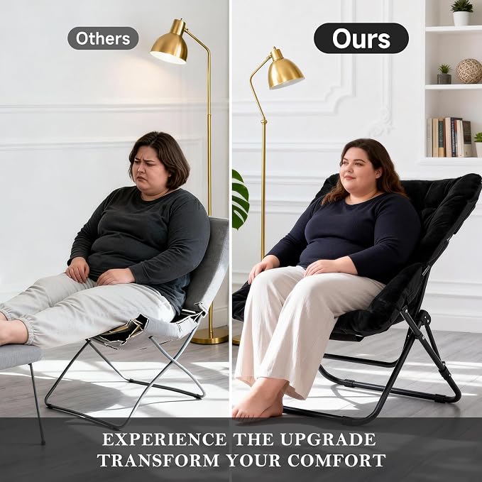 Furlide Saucer Chair, Comfy Bedroom Chairs, Oversized Folding Faux Fur Chair, Foldable Metal Frame Chair for Bedroom, Patio, Study, Playroom (Black)