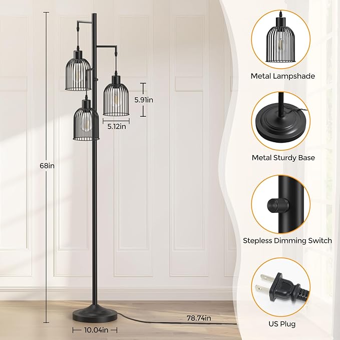 Stepless Dimmable Floor Lamps with Hanging Lampshades 3 Lights Boho Floor Lamps with 3 PCS 6W Bulbs Tree Standing Lamp Tall Pole Lamp for Living Room Bedroom Office, Black