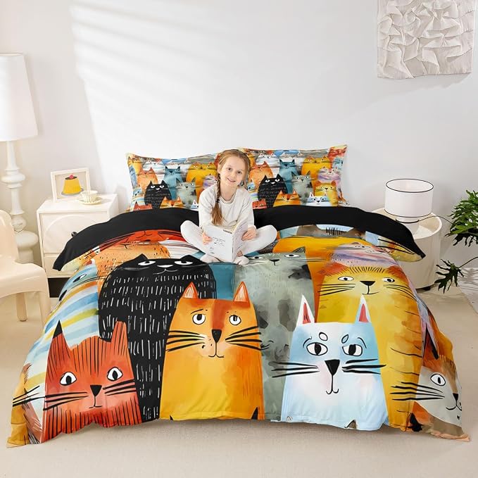 Erosebridal Trendy Cats Comforter Cover Queen Cute Pets Cat Bedding Set Abstract Cat Animals Duvet Cover for Kids Girls Boys Adults Oil Painting Strokes Brush Bed Set