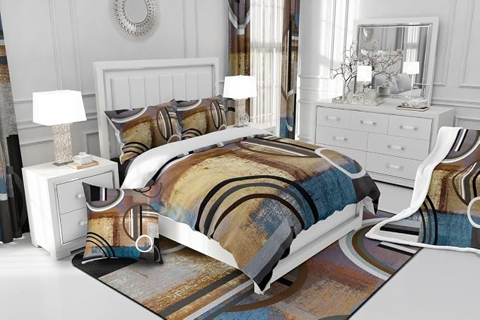 Retro Geometric Duvet Cover Full,Vintage Grunge Style Comforter Cover,Brown Black Blue Grey Bedding Set,Abstract Oil Painting Style Quilt Cover,Swirls Stripes Bed Cover with 2 Pillow Cases