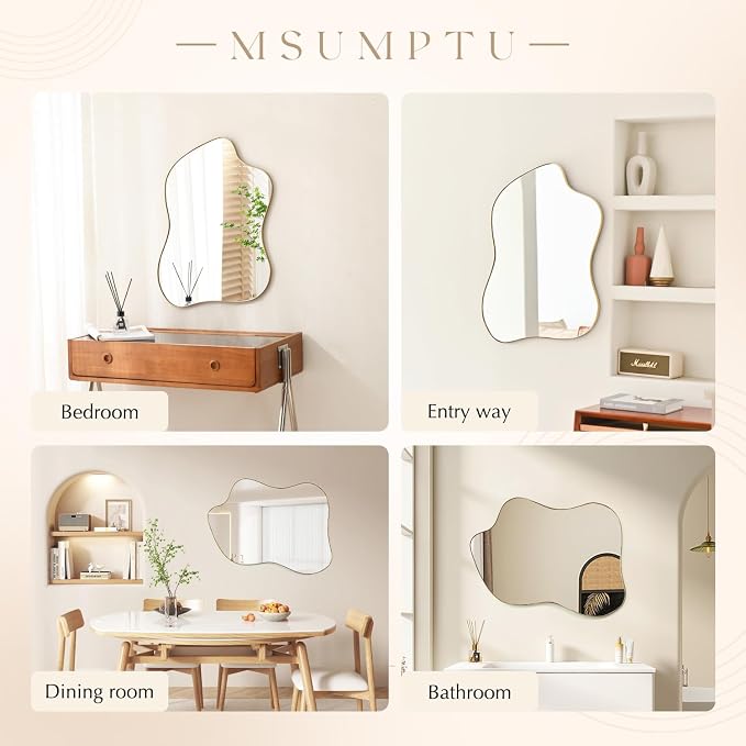 Irregular Wall Mirror Gold Wave Shaped Metal Framed Wall Mirror for Bathroom Bedroom Entryway Living Room Wall Decor 34" L x 25.5" W 2302Gold