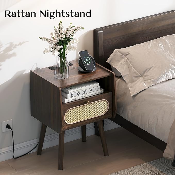 Nightstands Set of 2, Rattan Night Stand set 2 with Charging Station, Mid Century Modern Bedside Table with Drawer, Boho End Table with Solid Wood Legs, Bed Side Table for Bedroom, Small Space, Walnut