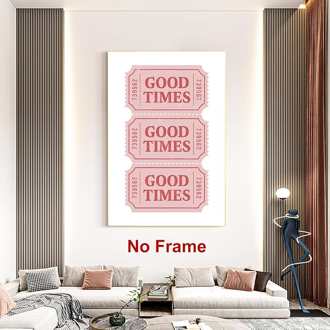 Good Times Ticket Print Red Retro Poster Pink Trendy Paintings Bar Cart Prints Pink White Pictures Ticket Wall Art Modern Aesthetic Posters Preppy Aesthetic Pictures for Living Room 16x24in Frameless