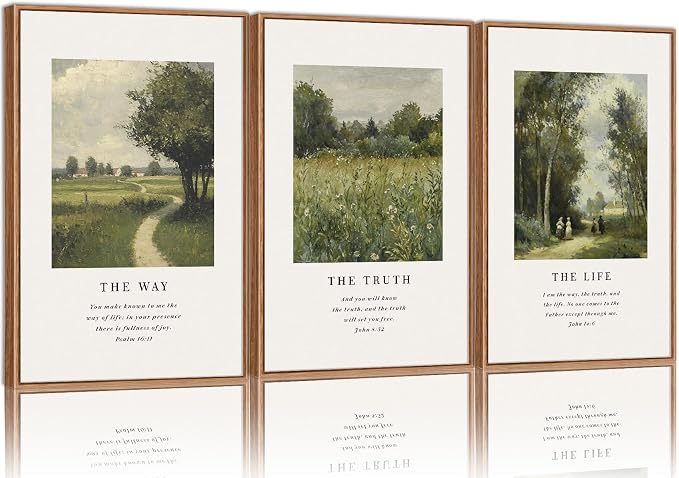 KaiWithYuan Christian Scripture Framed Canvas Wall Art Set, Jesus Bible Verse Posters Wall Decor, Vintage Monet Nature landscape Art Paintings for Living Room Bedroom Dining Room Prayer Room 16"x24"x3