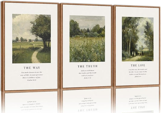 KaiWithYuan Christian Scripture Framed Canvas Wall Art Set, Jesus Bible Verse Posters Wall Decor, Vintage Monet Nature landscape Art Paintings for Living Room Bedroom Dining Room Prayer Room 16"x24"x3