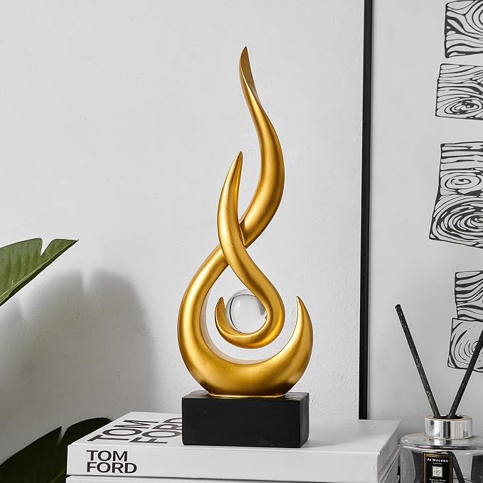 Octdays Gold Abstract Statue Sculpture Decorations, Modern Sculptures Home Décor Accents, Resin Art Flame Figurines for Living Room Table Centerpiece Office Desk TV Stand Decor
