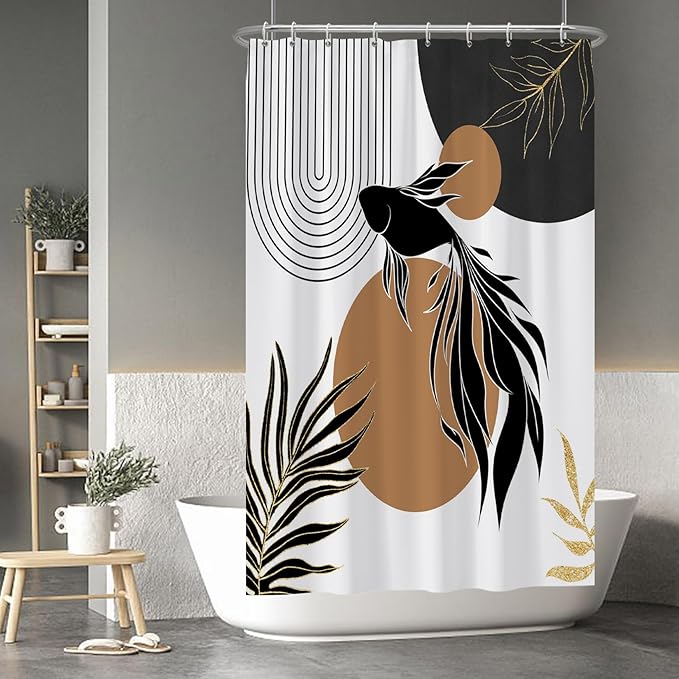 Baocicoo Boho Abstract Goldfish Shower Curtain Simple Geometric Line Aesthetic Minimalist Modern Neutral Shower Curtain for Bathroom Fabric Waterproof Durable Bath Curtain with Hooks 48x72 Inches