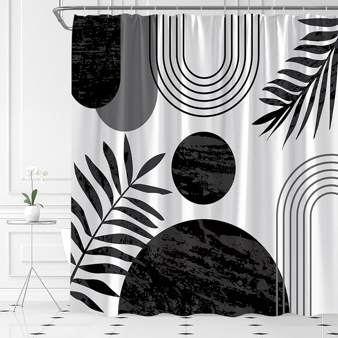 Mid Century Modern Shower Curtain Boho Black and White Abstract Retro Aesthetic Fabric for Bathroom Decor Bathtub with Hooks (70" WX70 H)