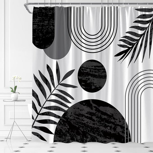 Mid Century Modern Shower Curtain Boho Black and White Abstract Retro Aesthetic Fabric for Bathroom Decor Bathtub with Hooks (70" WX74.8 H)