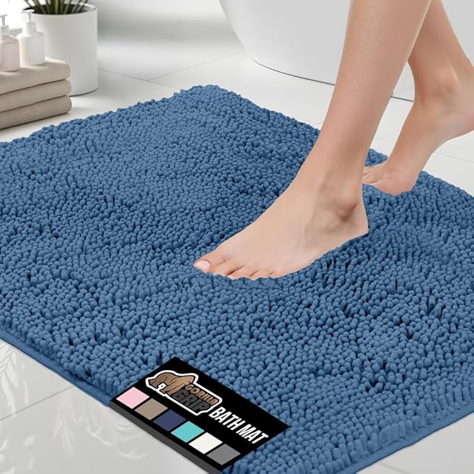 GORILLA GRIP Bath Rug Mat, Thick Soft Absorbent Chenille, Quick Dry Microfiber Mats, Rubber Backing Washable Shower Floor Rugs, US Designed Bathroom Bathmat Home Decor Accessories, 24x17, Blue
