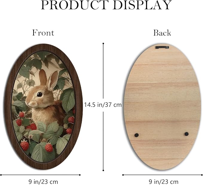 UYIKG Vintage Rabbit Wall Art Decor,Cute Bunny Oval Wall Decor,Rustic Cottagecore Animal Botanical Oval Wooden Framed Decorations for Nursery Kids Room Bedroom Living Room 9x14.6 in