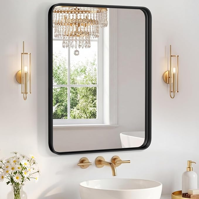 NEWBULIG 24X30 Inch Bathroom Mirror for Over Sink, Wall Vanity Mirrors Tempered Glass, Anti-Rust Metal Framed Rounded Rectangle, Hangs Horizontally or Vertically, Farmhouse Home Decor, Black