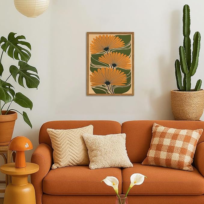 Framed Boho Floral Canvas Wall Art, Vintage Flower Pictures Wall Decor, Abstract Botanical Paintings Prints Maximalist Home Decor for living Room Bedroom Office 16x24 inch