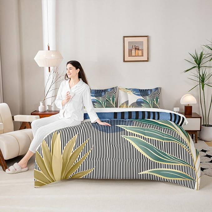 Erosebridal Mid Century Modern Bedding Sets Twin Modern Boho 7 Piece Comforter Set,Abstract Minimalist Art Bed in a Bag Arch Curve Leaves Aesthetic Sheet Set with Comforter,Blue Green