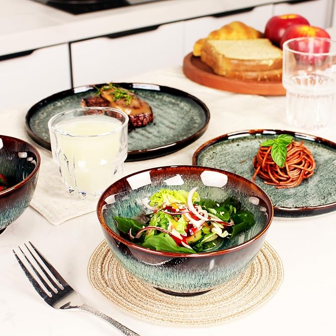 Dinner Set 12 Pieces - Round Reactive Glaze Tableware - Kitchen Dinnerware Porcelain Crockery with Dinner Plate, Bowl and Soup Plate Service for 4, Microwave Dishwasher Safe, Set (No.3)