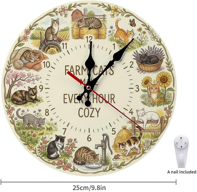 Cozy Farm Cats Wooden Wall Clock Silent Non-Ticking | Rustic Countryside Animal Home Decor for Kitchen Living Room Bedroom Office Gift