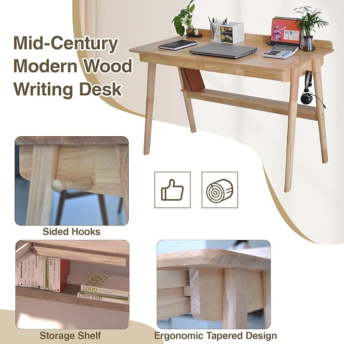 Mid-Century 47" Desk Solid Wood Writing Desk with 2 Drawers and Lower Shelf, Home Office Table for Study or Work or Dining with 2 Hanging Rod, Natural
