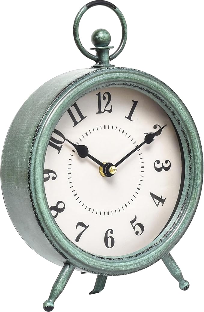 EMAX HOME Vintage Rustic Green Table Clock on Stand, Decorative Desk and Shelf Clock，Decorative Battery Operated Table Top Clock for Living Room，Silent Non-Ticking