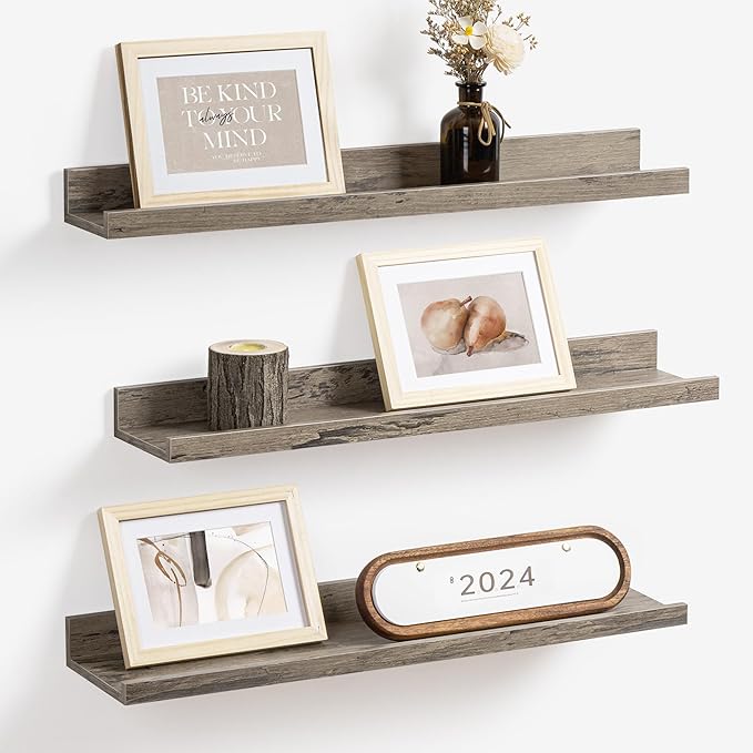 Axeman Picture Ledge Shelf | 24 Inch Grey Floating Shelves Set of 3 | Rustic Grey Wall Shelves with Lip | 24" Picture Shelf for Wall with Ledge | Photo Shelves
