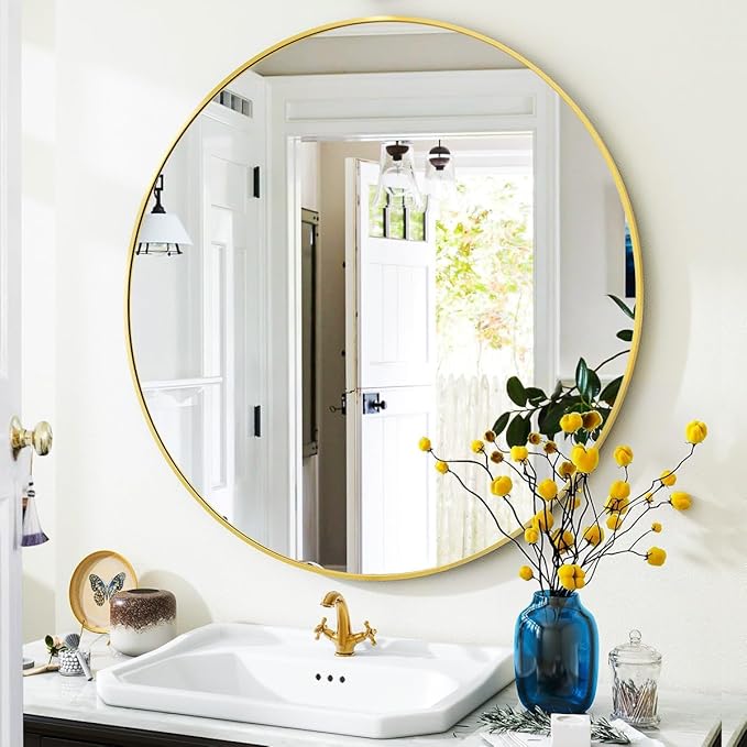 VooBang Gold Round Bathroom Mirror, 24 inch Circle Wall Mounted Hanging Mirror with Simple Modern Circular Metal Frame for Hallway, Entryway, Living Room, Gold Frame