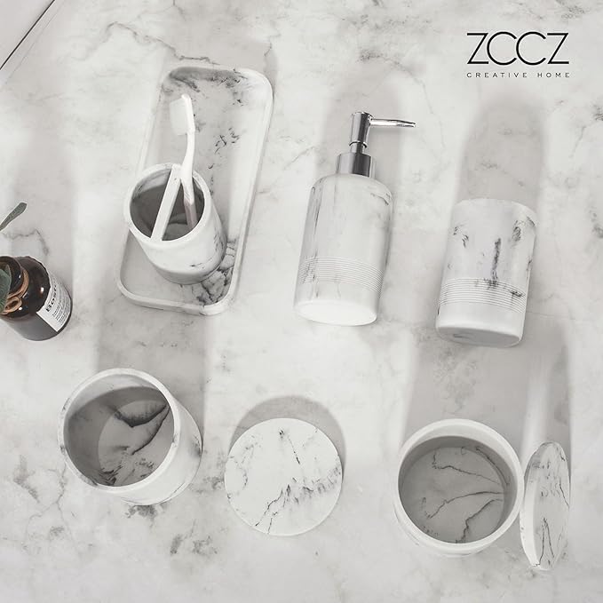 ZCCZ White Marble Bathroom Accessories Set 6 Pieces - Toothbrush Holder, Lotion Dispenser, Qtip Container, Vanity Tray, Tumbler - Countertop Organizer for Bathrooms - Elegant and Functional Décor Set