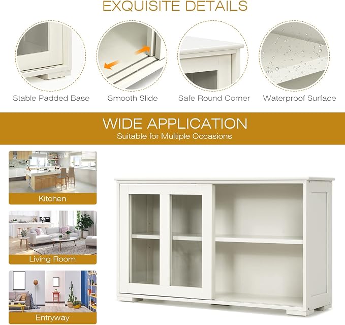 Sideboard Buffet Cabinet, Stackable Cupboard Storage Table with Adjustable Shelf & Glass Sliding Doors, Wooden Credenza Coffee Bar Cabinet for Kitchen/Dining Room/Living Room/Entryway (White)
