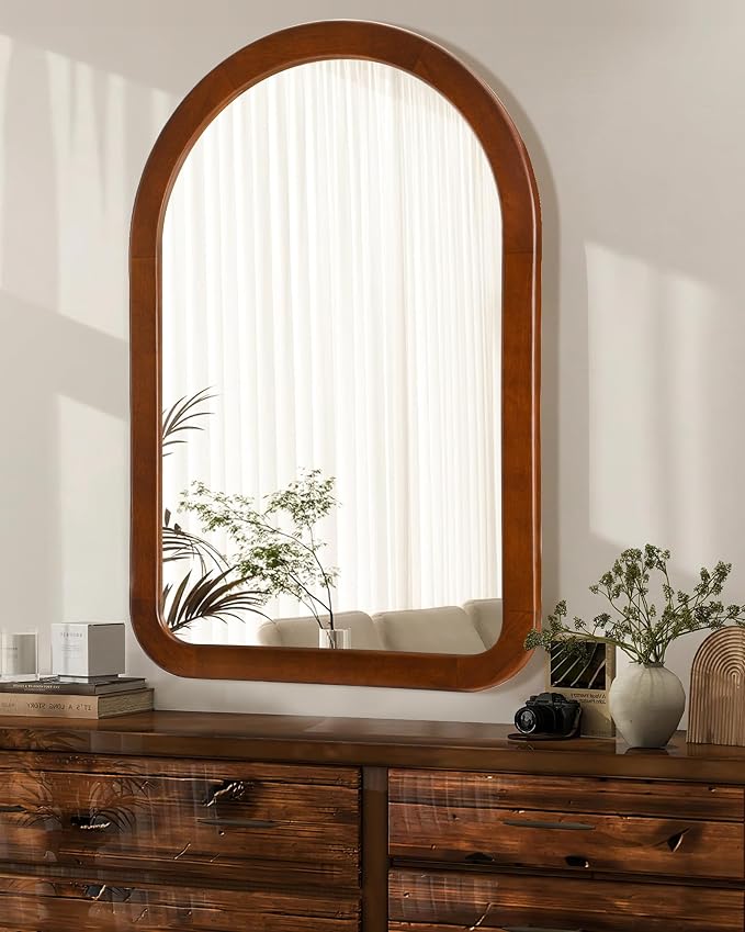 Arched Mirror 24 x 36 Inch,Walnut Brown Wood Rustic Bathroom Tempered Wall Mirror with Wood Frame,Round Corner Arch Farmhouse Wooden Vanity Mirror for Living Room,Entryway or Bedroom
