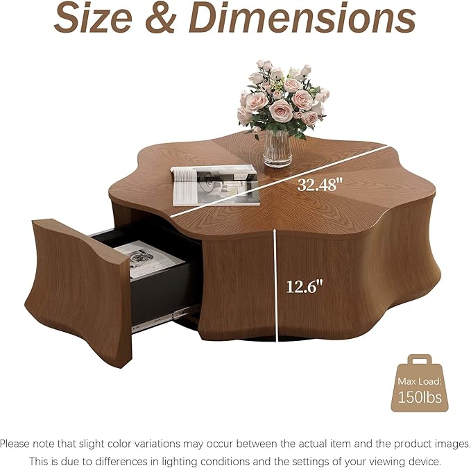 32.48" Flower - Shaped Coffee Table for Living Room, Fully-Assembled Mid Century Modern Center Small Table with Hidden Storage Drawer for Living Room, Apartment & Small Space