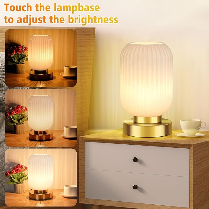 Mid Century Modern Table Lamp with Milk White Ribbed Glass Shade,Touch Control & 3 Way Dimmable, Small Gold, Vintage Bedside Lamp for Bedroom, Living Room,Office (Bulb Included)