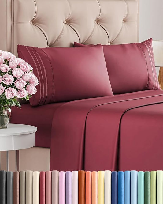 Cal King Size 4 Piece Sheet Set - Comfy Breathable & Cooling Sheets - Hotel Luxury Bed Sheets for Women & Men - Deep Pockets, Easy-Fit, Soft and Wrinkle Free Sheets - Burgundy Oeko-Tex Bed Sheet Set