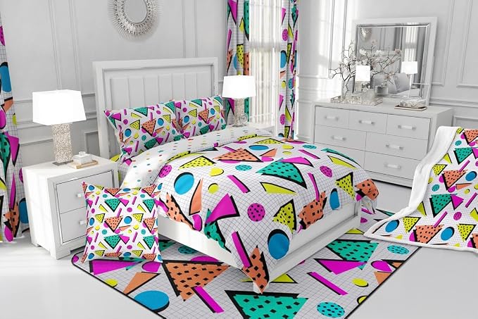 Geometric Duvet Cover 80s and 90s Hip Hop Bedding Set,Hipster Funky Comforter Cover Eighties Fashion Style Queen Bed Set,Round Triangle Square Diamond Shapes Artwork 1990S Memphis Home Decor