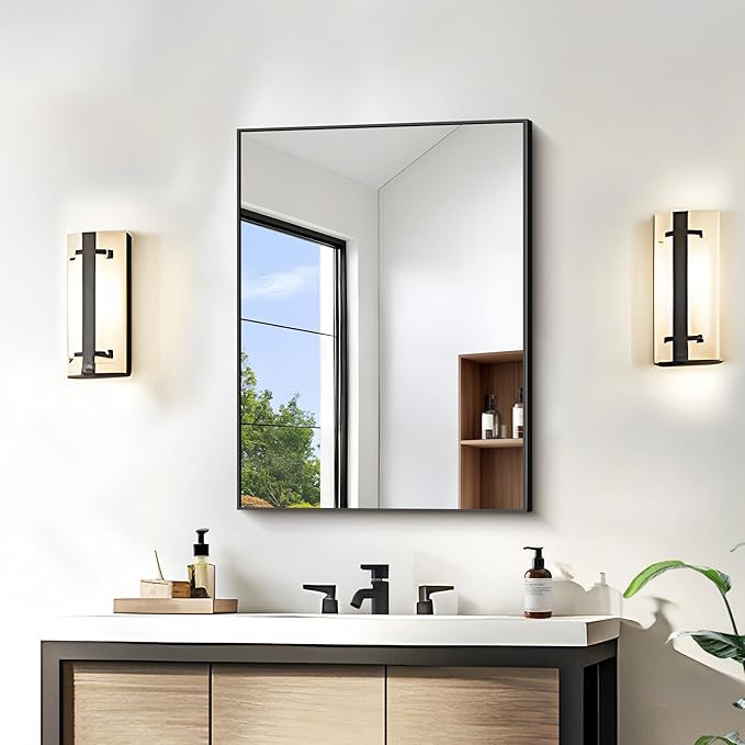 KOCUUY Black Bathroom Mirror, 24x18 Inch Rectangle Mirror for Over Sink, Modern Decorative Wall Mirror for Bedroom Living Room Bathroom, Hang Horizontal/Vertical