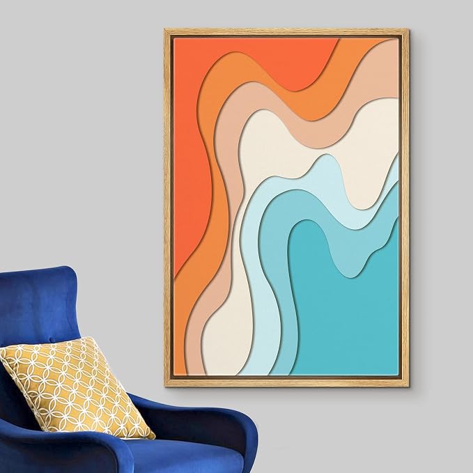 Woodrose Framed Canvas Print Wall Art Neon Orange, Tan & Blue Color Gradient Abstract Shapes Illustrations Modern Art Minimalist 3D Colorful Ultra for Living Room, Bedroom, Office - 24"x36" NATURAL