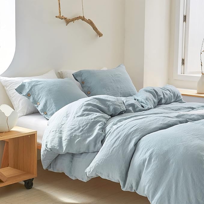 Simple&Opulence 100% Linen Duvet Cover Set 2pcs with Coconut Button Closure Natural French Washed Flax Solid Color Soft Breathable Farmhouse Bedding - Dusty Blue, Twin Size