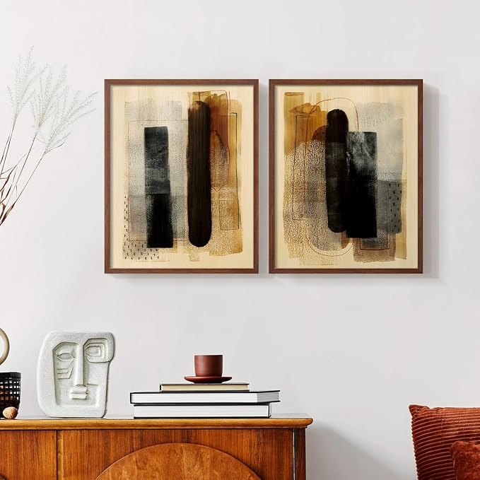 Renditions Gallery Set of 2 Peel & Stick Framed Prints, Pattern Abstract Wall Art, Burnt Toast Pattern Wall Decor, Re-Stickable - Ready to Hang - 16"x20" - Walnut Frame LT588