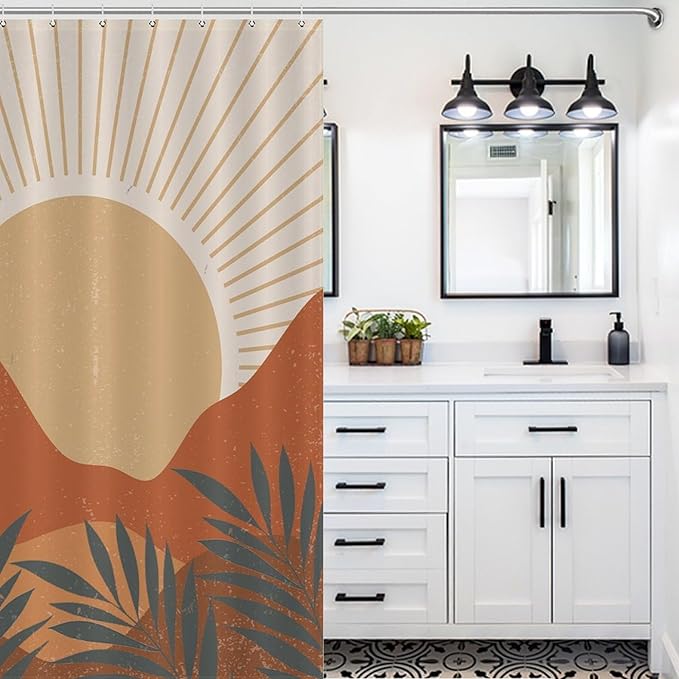 Mid Century Boho Sunset Shower Curtains Vintage Farmhouse Abstract Plant Mountain Sunset Washable Waterproof Fabric for Bathroom Decor Bathtub with 12 Hooks 55x72in（140x183cm）