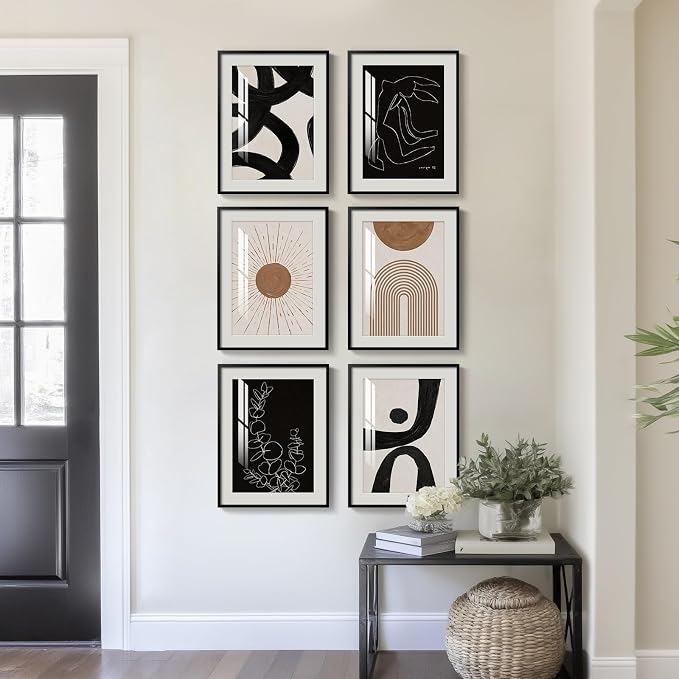 Framed Boho Black and White Brown Modern Abstract Wall Art for Living Room, Set of 6 Bohemian Wall Hanging Artwork, Minimalist Sun Geometric Pictures for Bedroom Office Bathroom Wall Decor 11x14 Inch