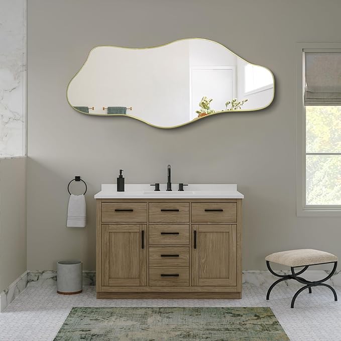 Irregular Mirror, 59"x25.5" Asymmetrical Full Length Mirrors Decorative, Gold Cloud Shaped Mirror, Large Abstract Frameless Mirrors for Living Room Bathroom Bedroom Hallway Entryway