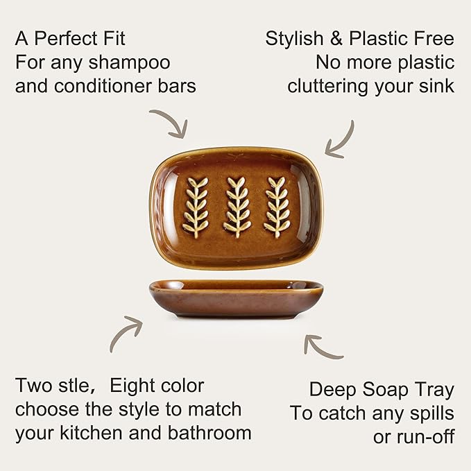 Soap Dish for Shower, Ceramic Soap Holder Soap Dishes for Large Bar Soap Sponge, Decorative Soap Saver Tray for Bathroom Kitchen Sink Bathtub, Pro-Environment, Extend Soap Life, Dark Brown