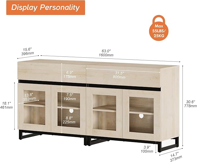WAMPAT 63‘’ Multifunctional Sideboard Buffet Cabinets with 4 Glass Doors, Modern Sideboard Credenza, Coffee Bar Cabinet for Living Room, Kitchen, Light Oak