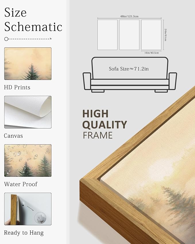 KUVIOKE Sun Dawn Fog Pine Tree Framed Wall Art Morden Nature Nordic Forests Artwork Bedroom Decor 16x24in (Natural Framed)